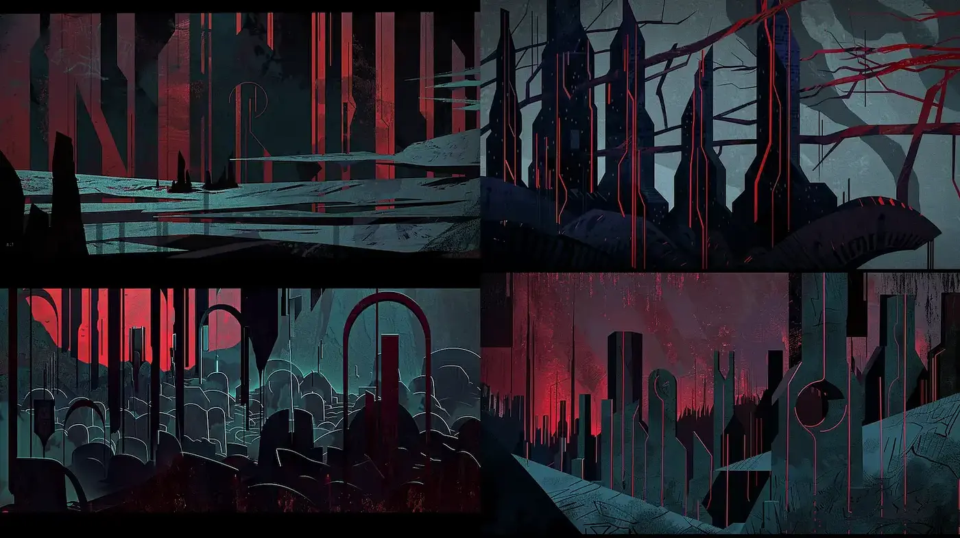 Dark and Atmospheric Futuristic Landscapes with Geometric Elements - Midjourney sref style