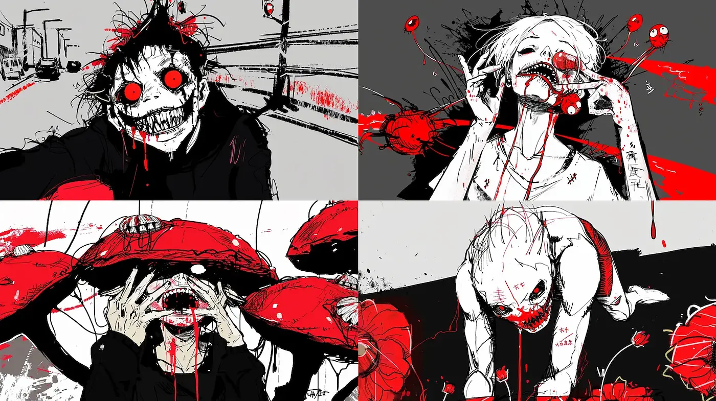 Grotesque and hauntingly expressive illustrations with a vivid narrative - Midjourney sref style