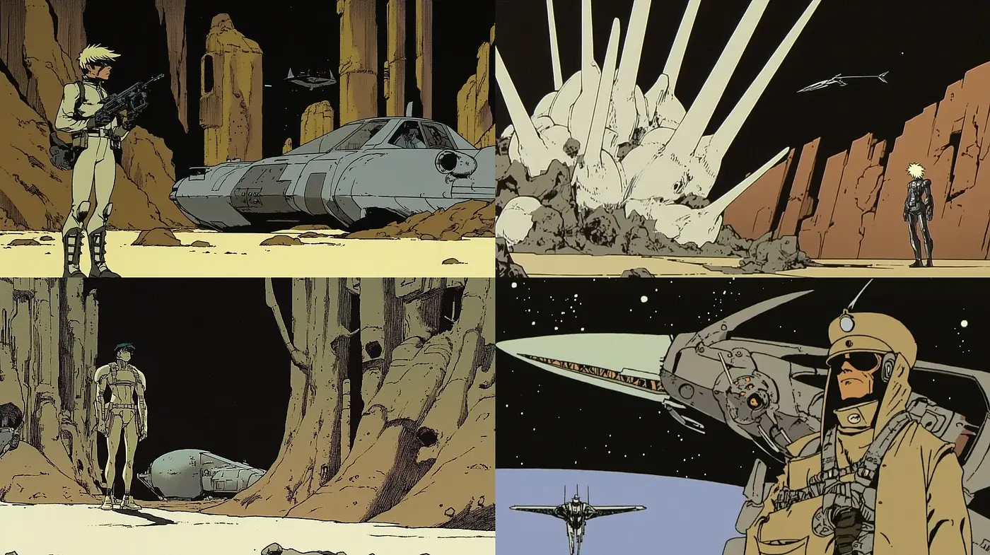 Desolate Sci-Fi Panoramas Evoking Classic 20th Century Anime Aesthetics - Midjourney sref style