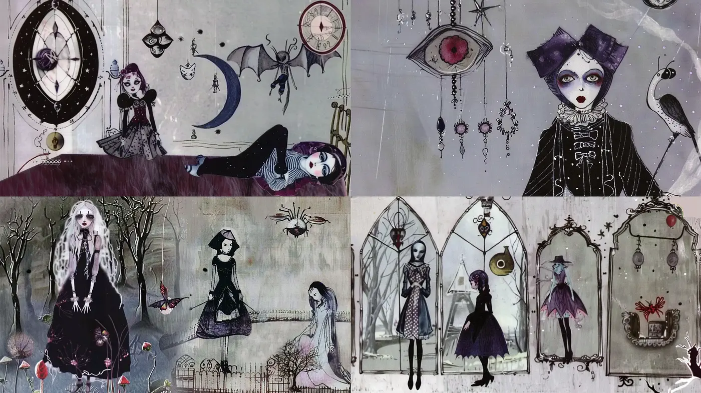 Gothic Whimsy and Enigmatic Elegance in Ethereal Dreamscape - Midjourney sref style