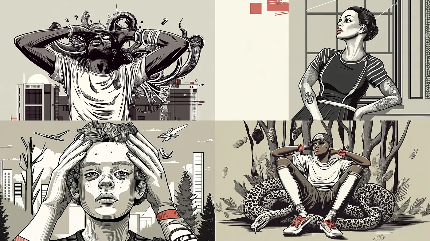 Monochromatic Modern Graphic Novel Illustrations With Surrealist Elements - Midjourney sref style