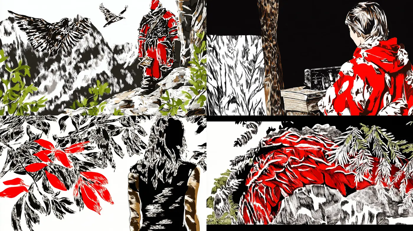 Dynamic blend of natural elements with striking contrasts in a semi-abstract style - Midjourney sref style