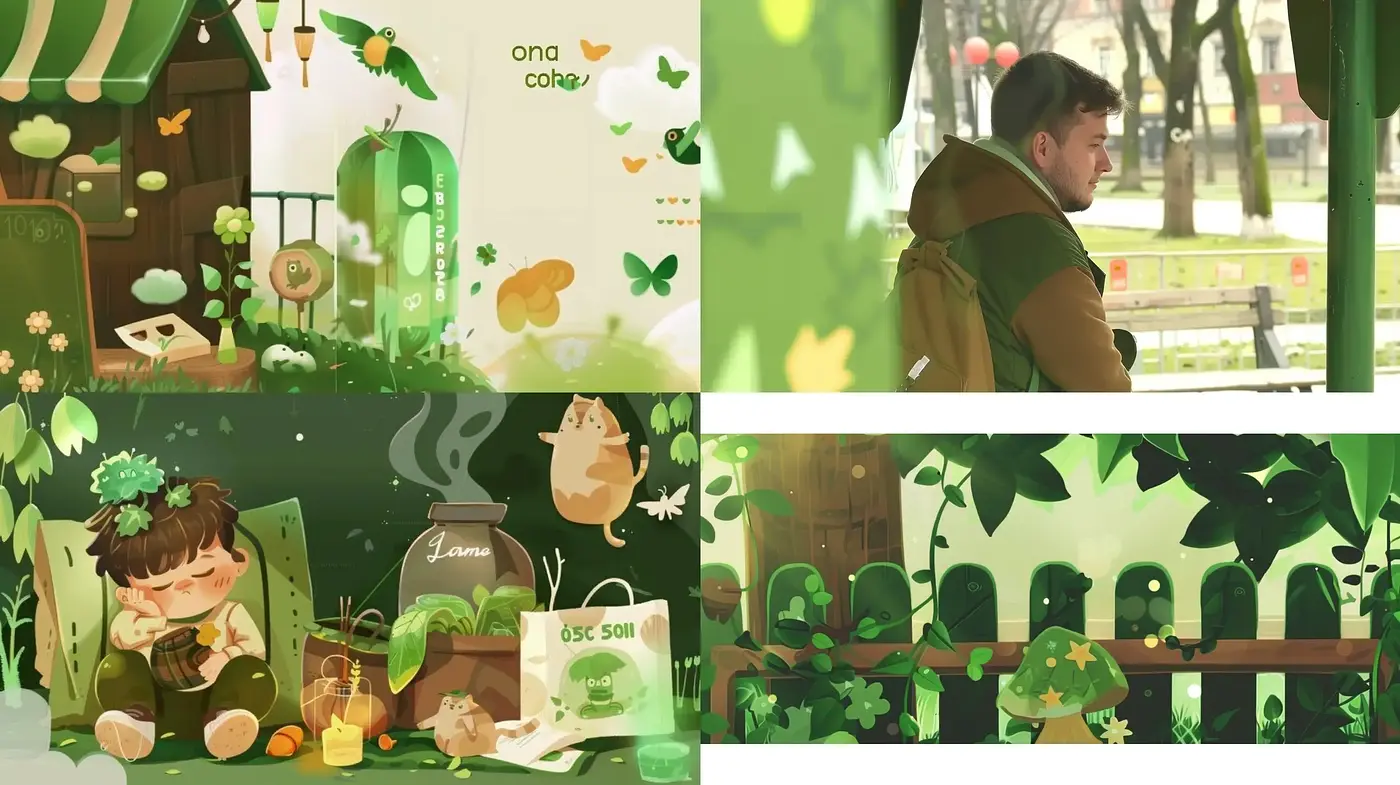 Whimsical Enchantment in Verdant Shades: A Mélange of Fantasy and Subtle Nostalgia - Midjourney sref style