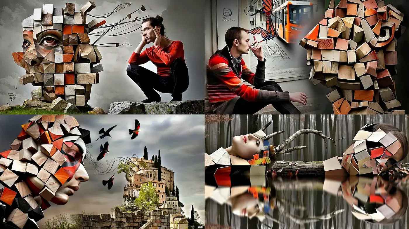 Distinctive Fragmented Portraiture with Architectural Elements - Midjourney sref style