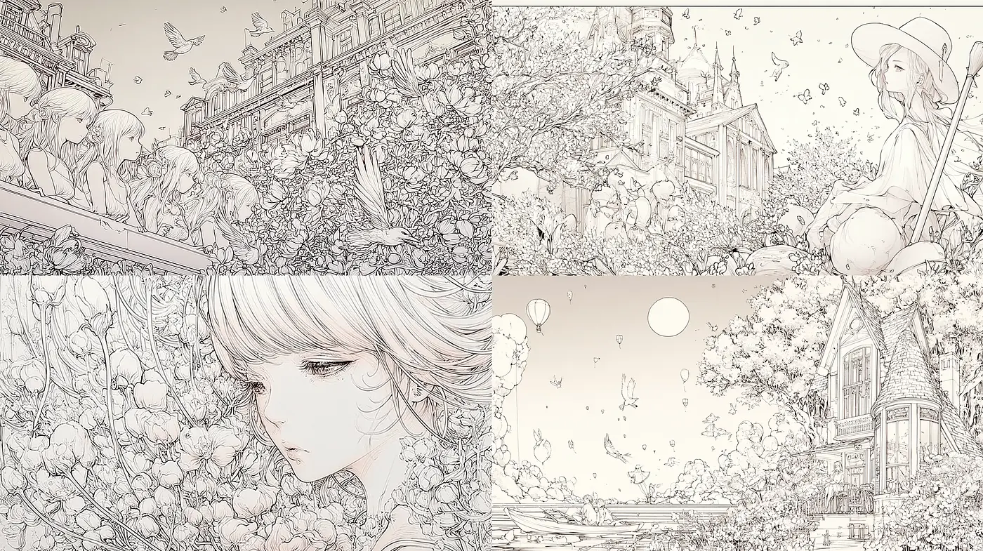Delicate and Whimsical Line Art with Nature Motifs and Ethereal Atmosphere - Midjourney sref style