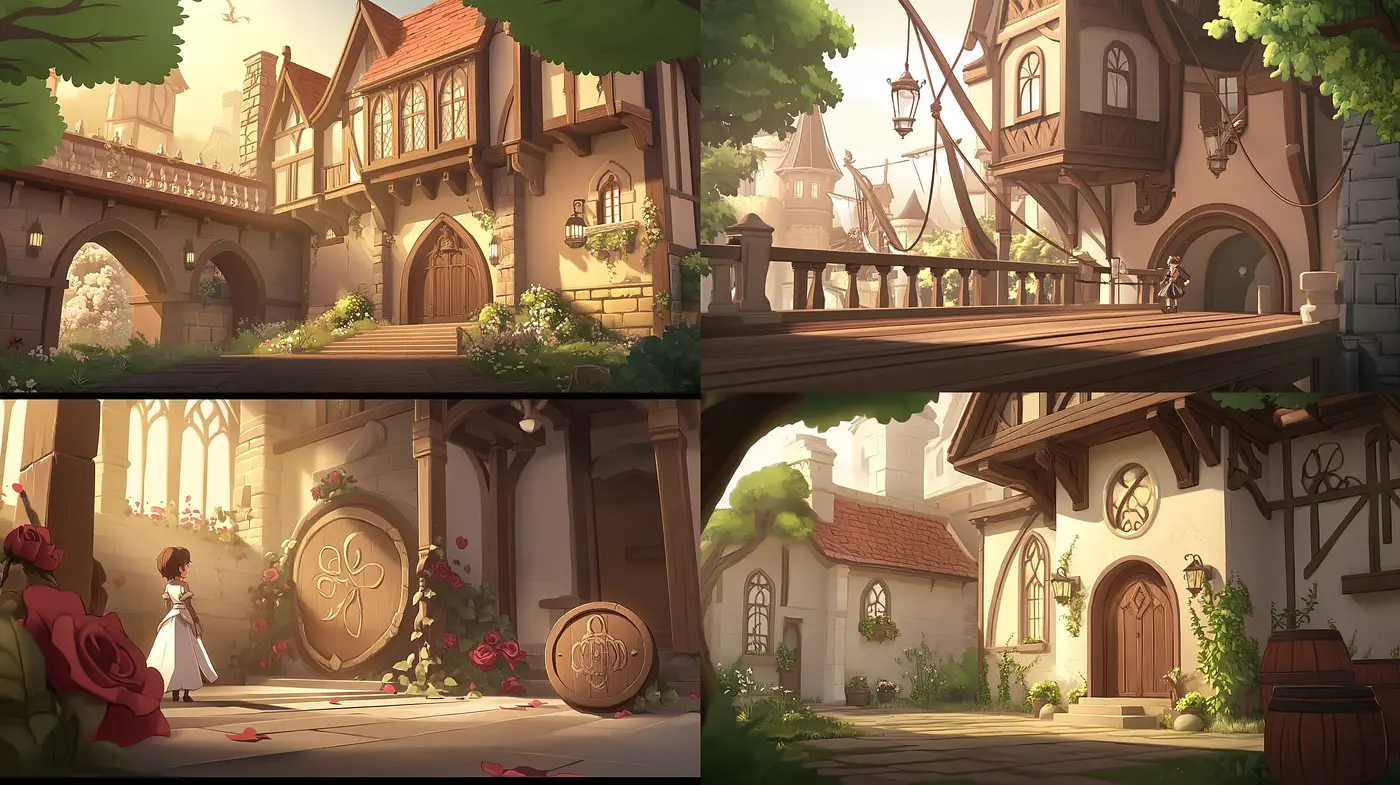 Enchanting Storybook Reverie: A Harmonized Blend of Warm Hues and Fairy Tale Architecture - Midjourney sref style