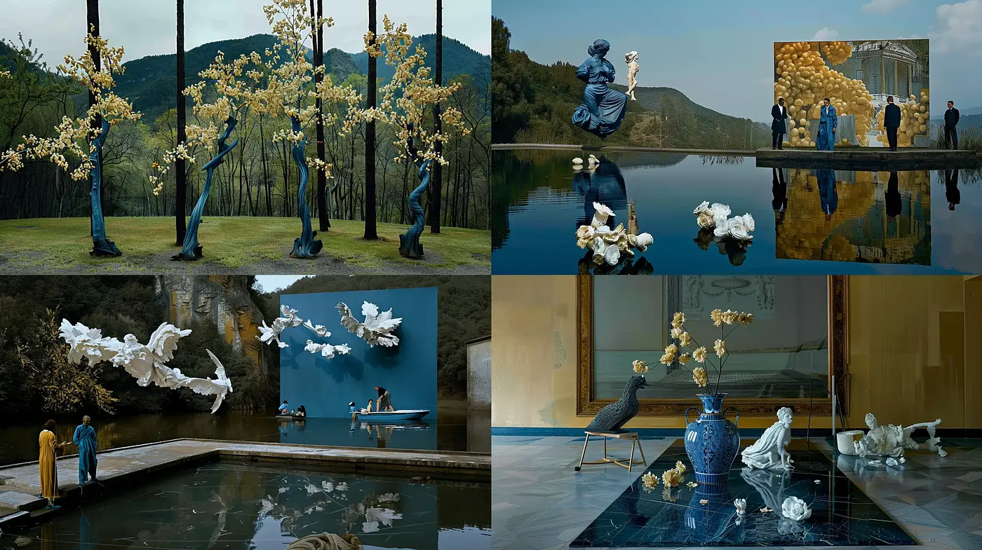 Serene Reflections in Surreal Cerulean Landscapes - Midjourney sref style