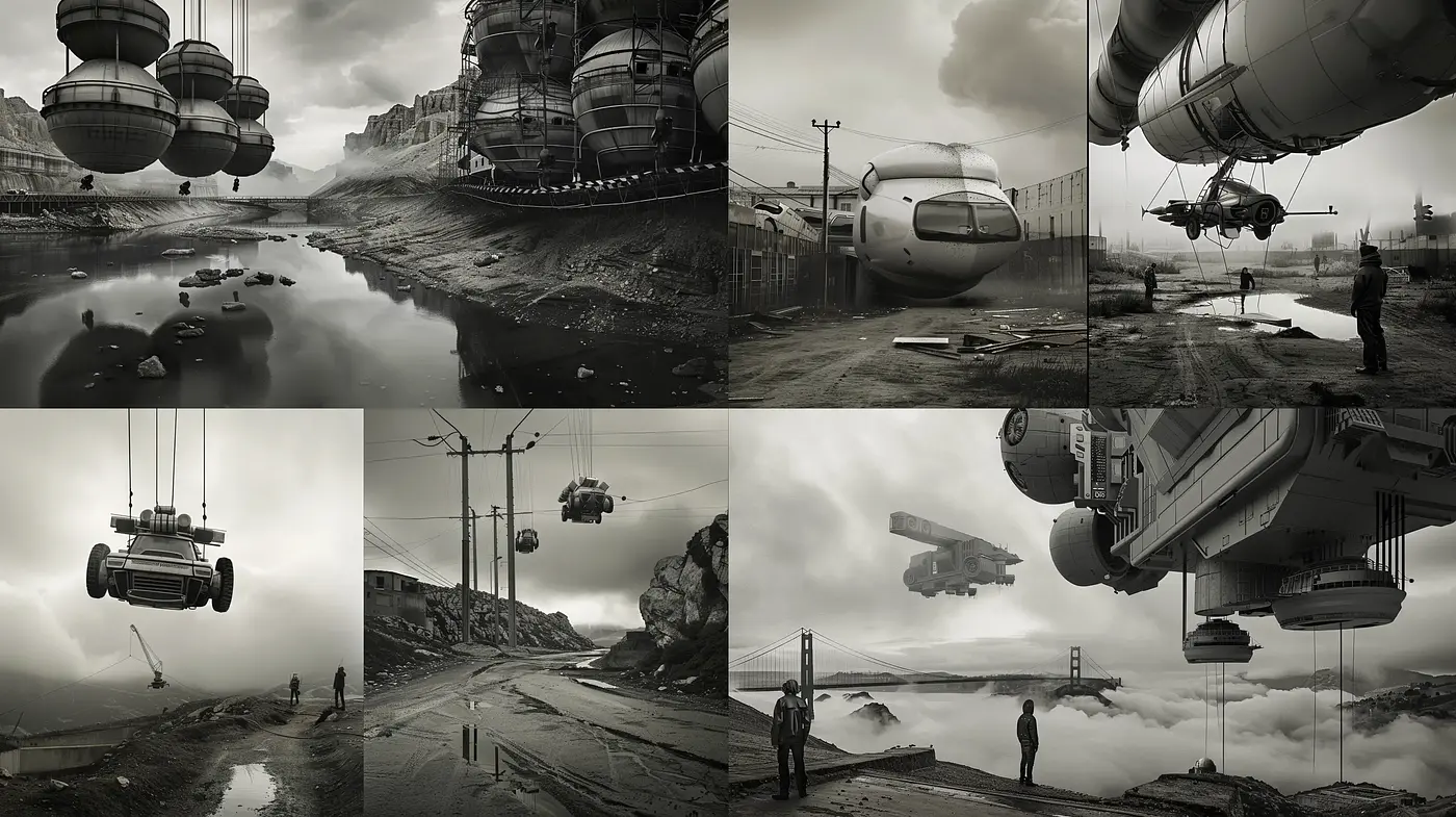 Monochromatic Dystopian Futurescape: Homage to Futurism and Surrealism - Midjourney sref style