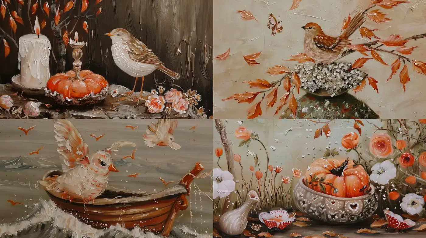 Autumnal Elegance with Rustic Charms: A Harmony of Earthy Tones and Whimsical Flora and Fauna - Midjourney sref style