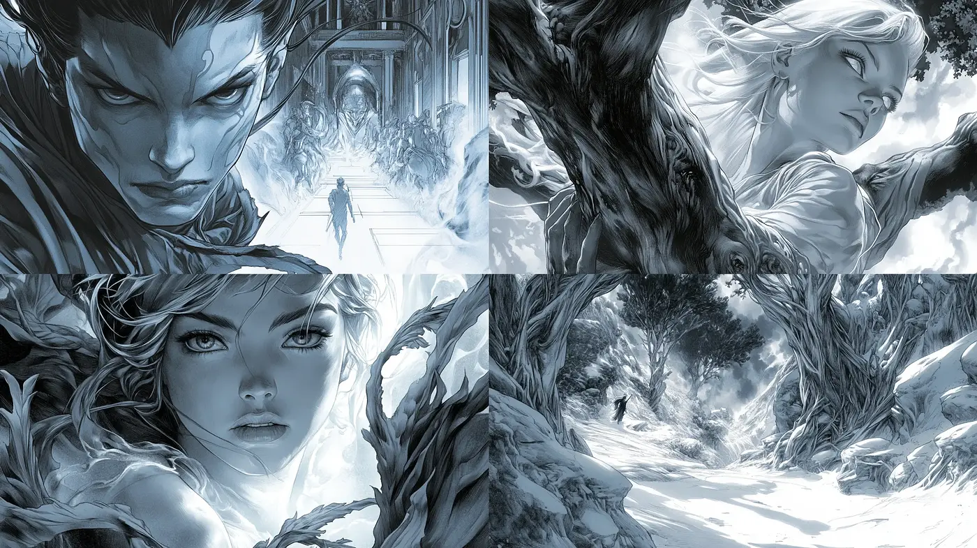 Ethereal Monochromatic Fantasy Illustration - Midjourney sref style