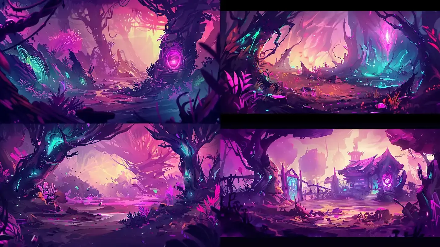 Enchanted Twilight Forests: A Study in Vivid Purples and Ethereal Glows - Midjourney sref style