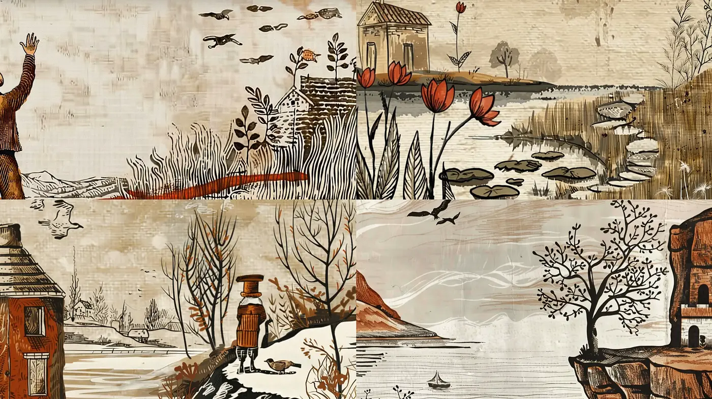 Harmonious Sepia-Toned Illustrative Montage - Midjourney sref style