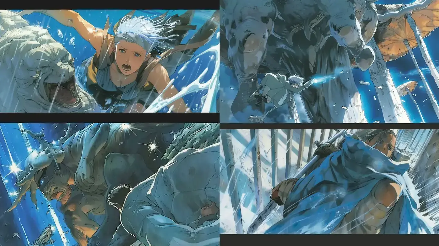 Dynamic and Ethereal Action in Contemporary Illustrative Style - Midjourney sref style