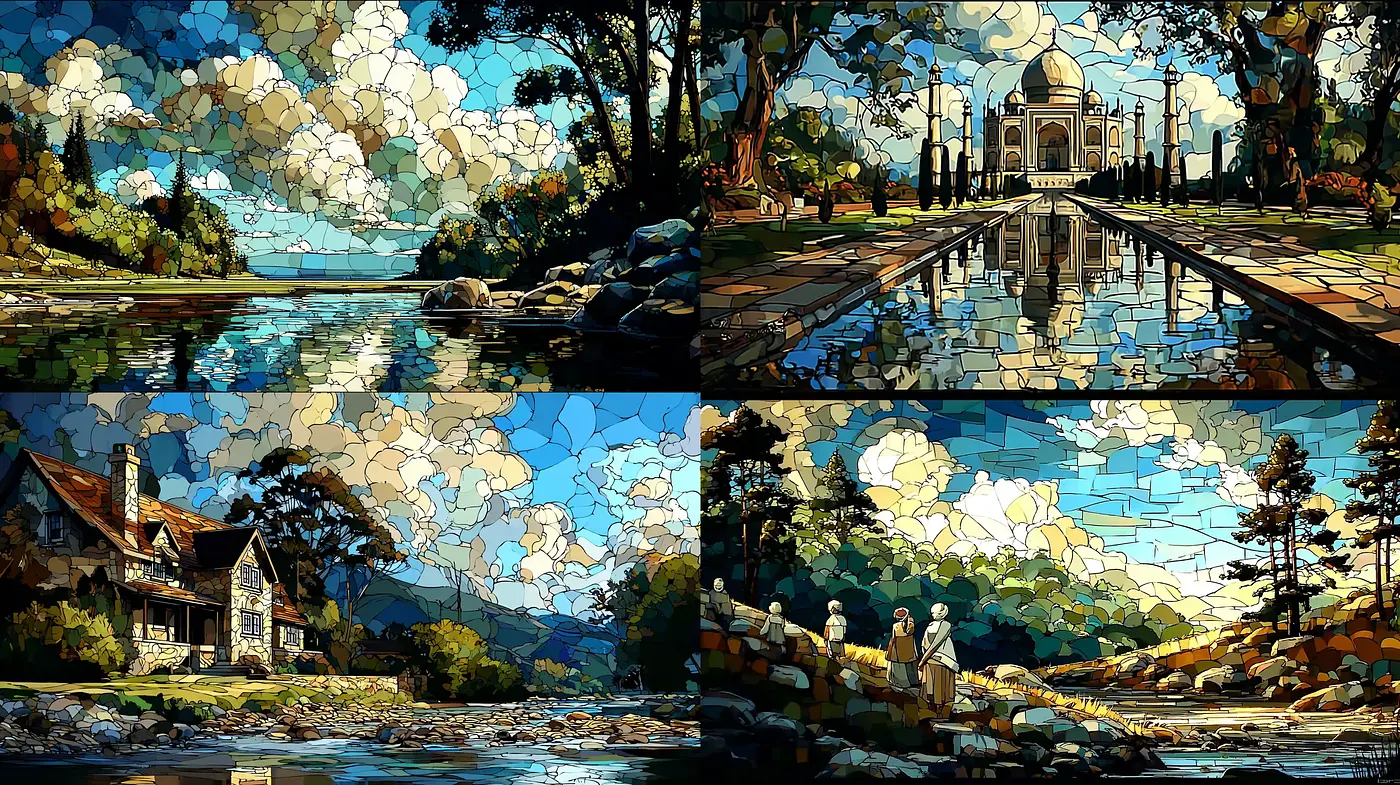 Vibrant Stained Glass Landscape Imagery with Classic Architectural Elements - Midjourney sref style