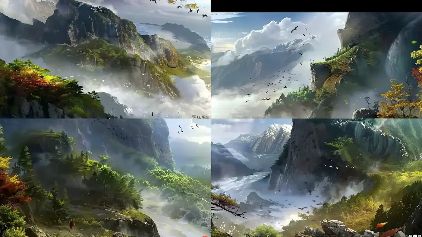 Dynamic and ethereal landscapes with a touch of fantasy - Midjourney sref style