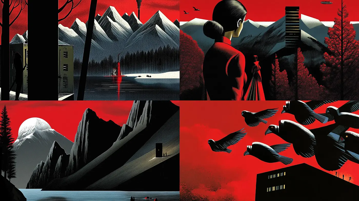 Stark Contrast Red and Black Modernist Vistas - Midjourney sref style