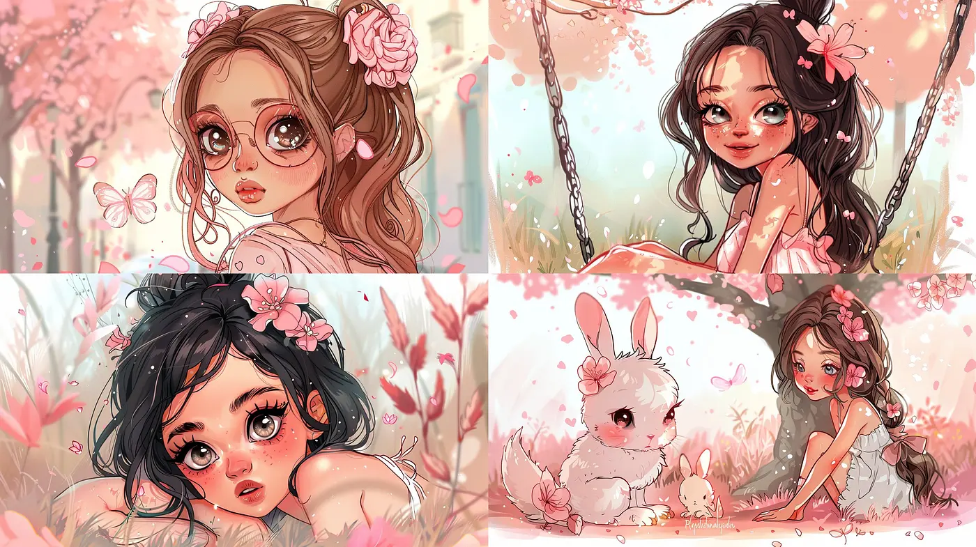 Whimsical Pastel Dreamscape: A Soft-Hued Illustrative Ensemble with Ethereal Charm - Midjourney sref style