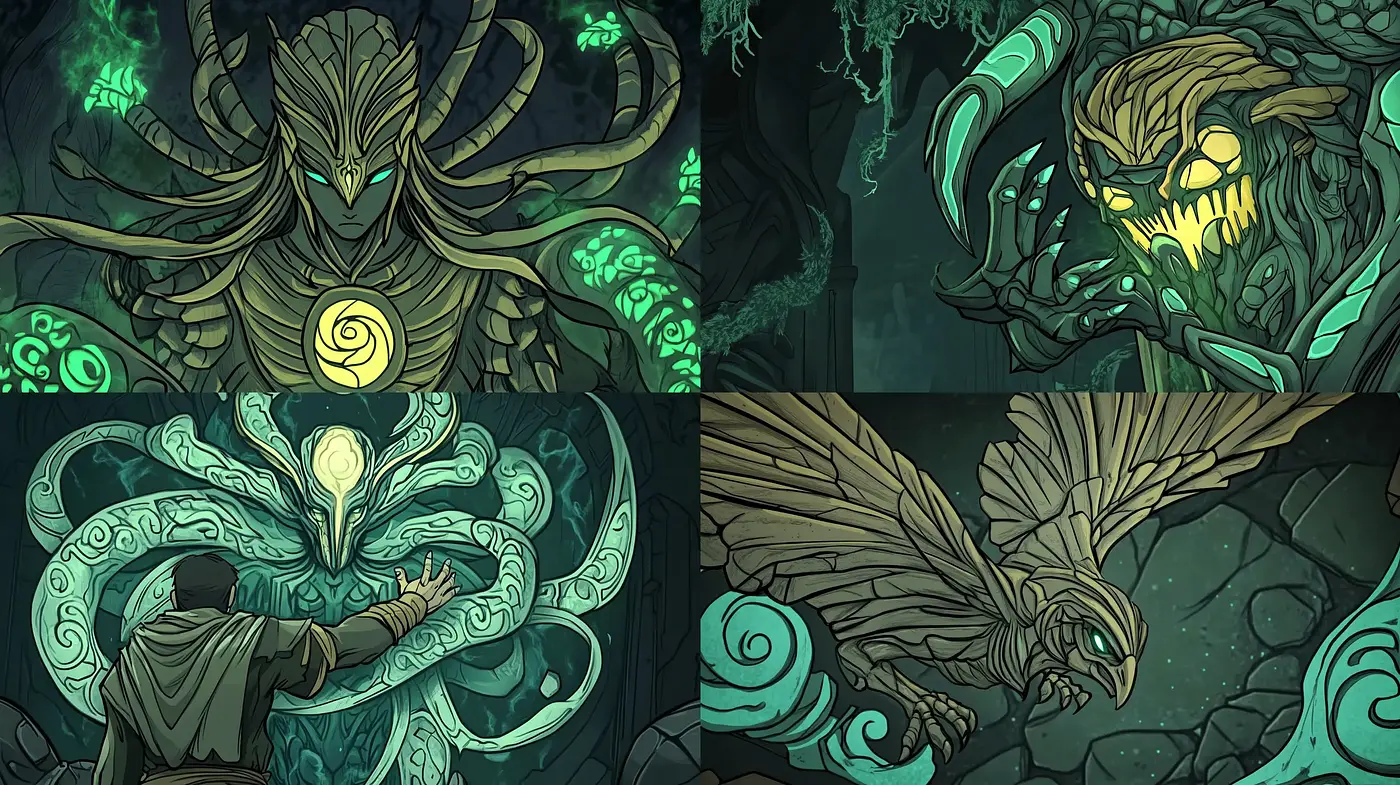 Enigmatic Esoteric Whispers: A Moody Homage to Art Nouveau in Green Hues - Midjourney sref style