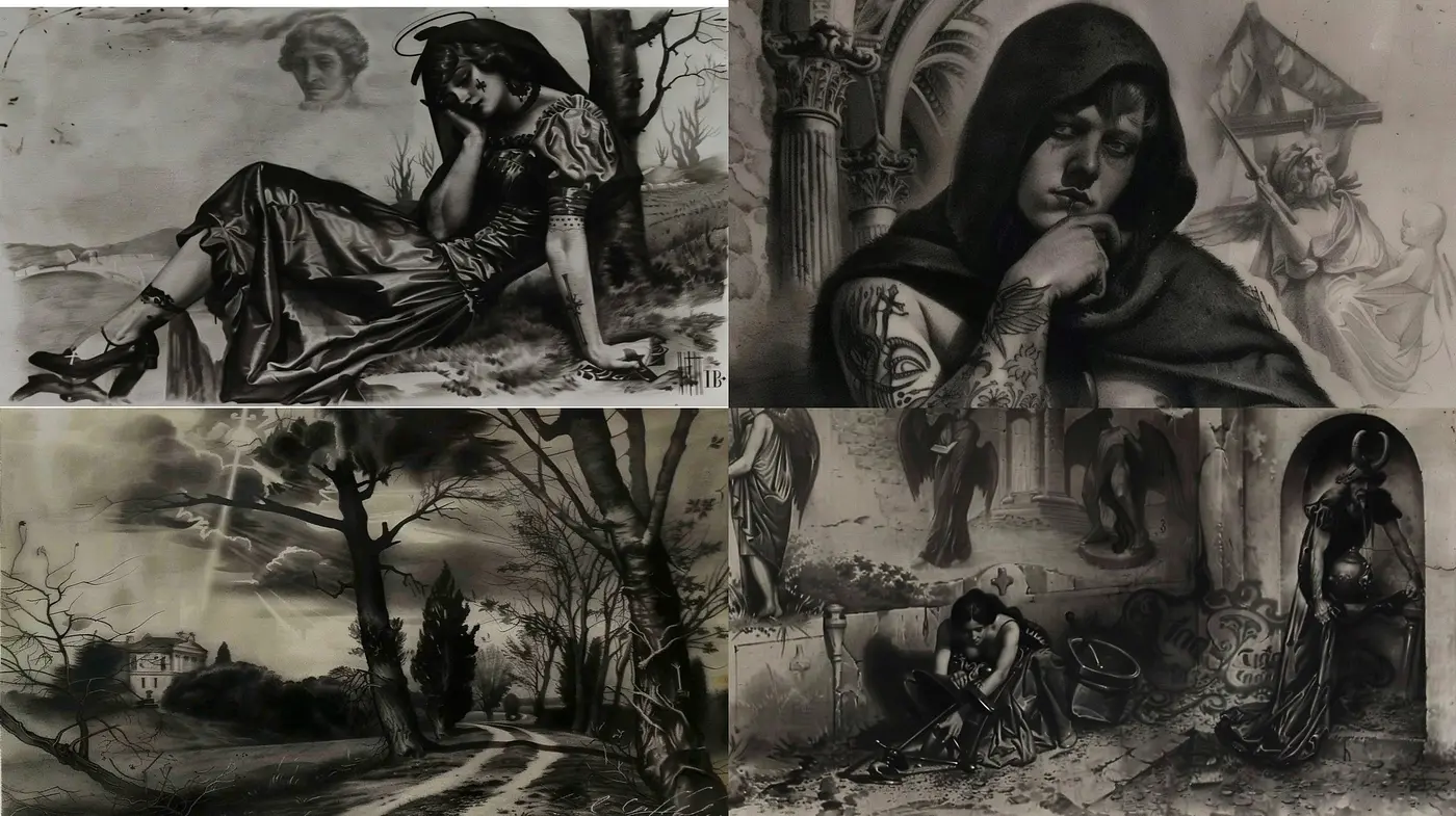 Monochromatic Whispers of Gothic Revival and Romantic Melancholy - Midjourney sref style