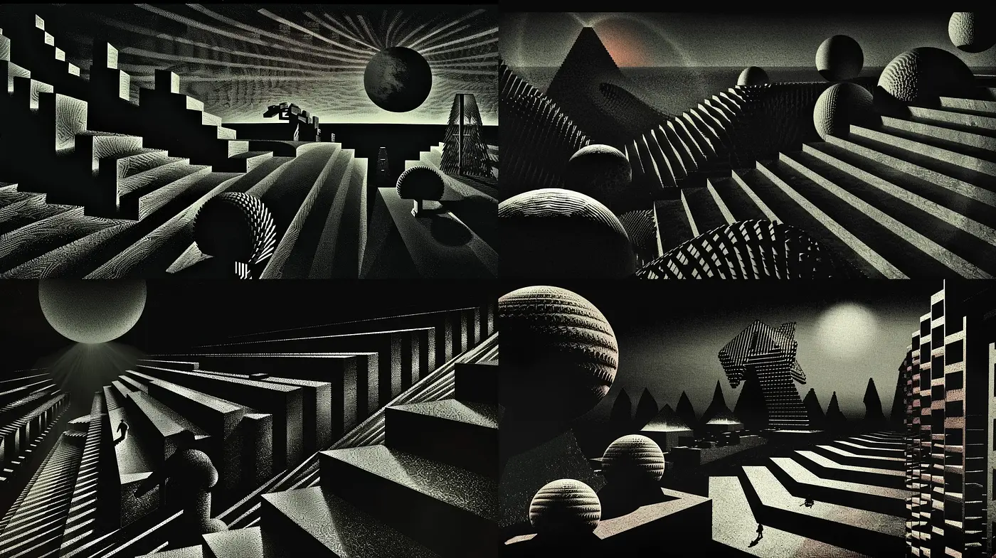 Noir Geometric Dreamscape: A Homage to Surreal Architectural Visions - Midjourney sref style