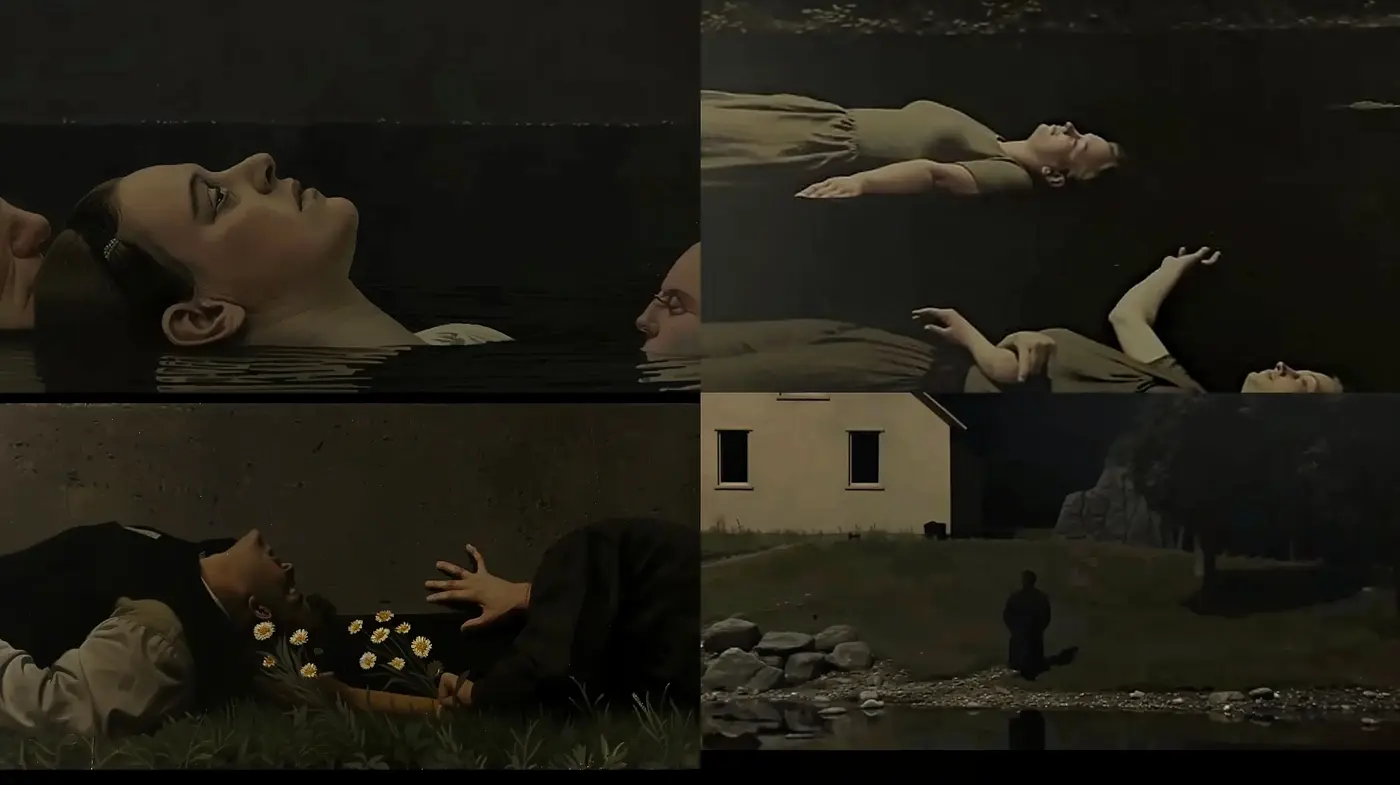 Consistently Somber and Reflective Cinematic Tableaus - Midjourney sref style