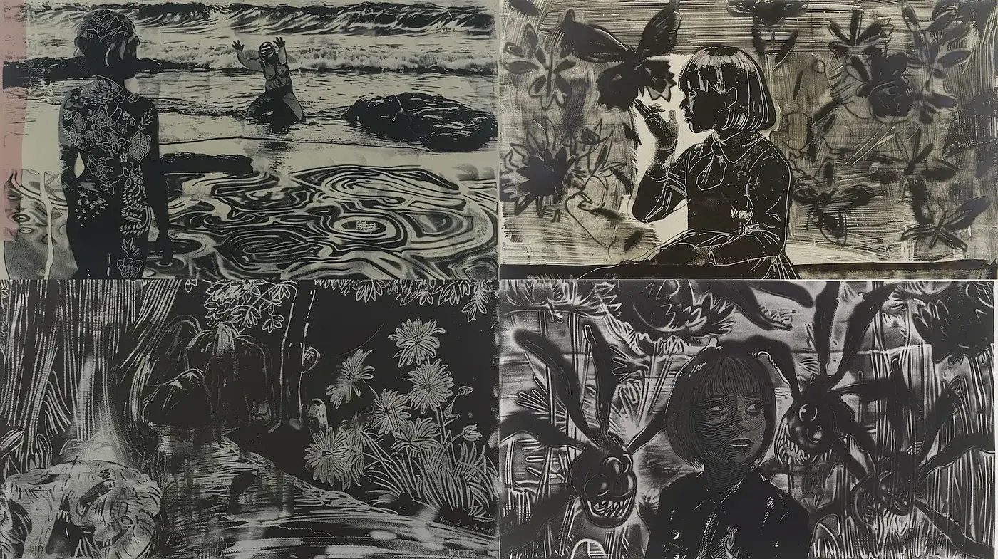 Dynamic Black and White Illustrations with a Mystical Vibe - Midjourney sref style