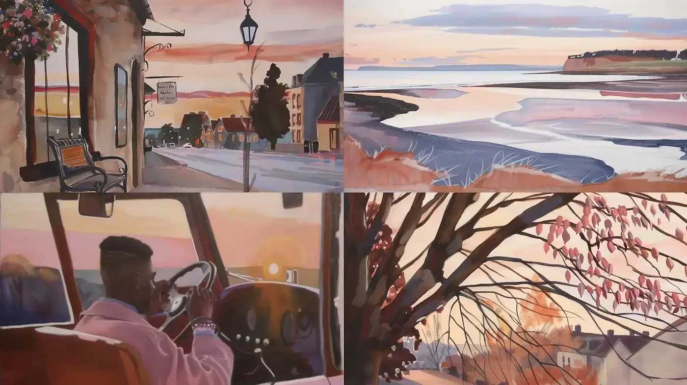 Contemporary Watercolor Landscapes with Warm Tones and Soft Textures - Midjourney sref style