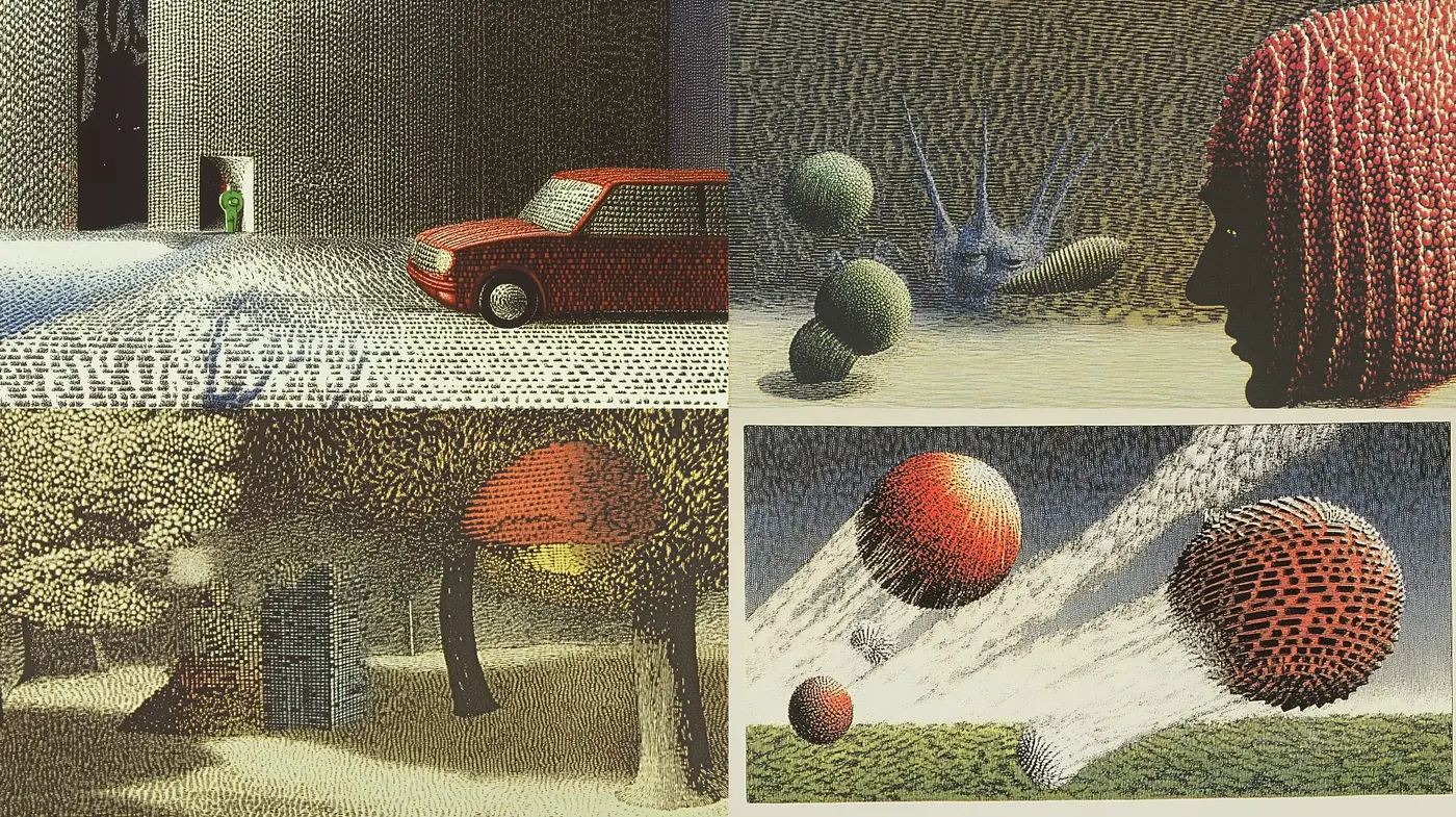 Consistent Synthetic Pointillism with Earthy and Crimson Accents - Midjourney sref style