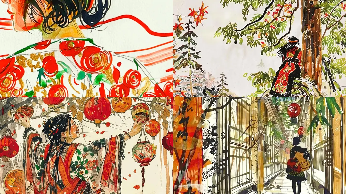 Dynamic Brushstrokes and Whimsical Elegance in Stylized Illustrative Fusion - Midjourney sref style