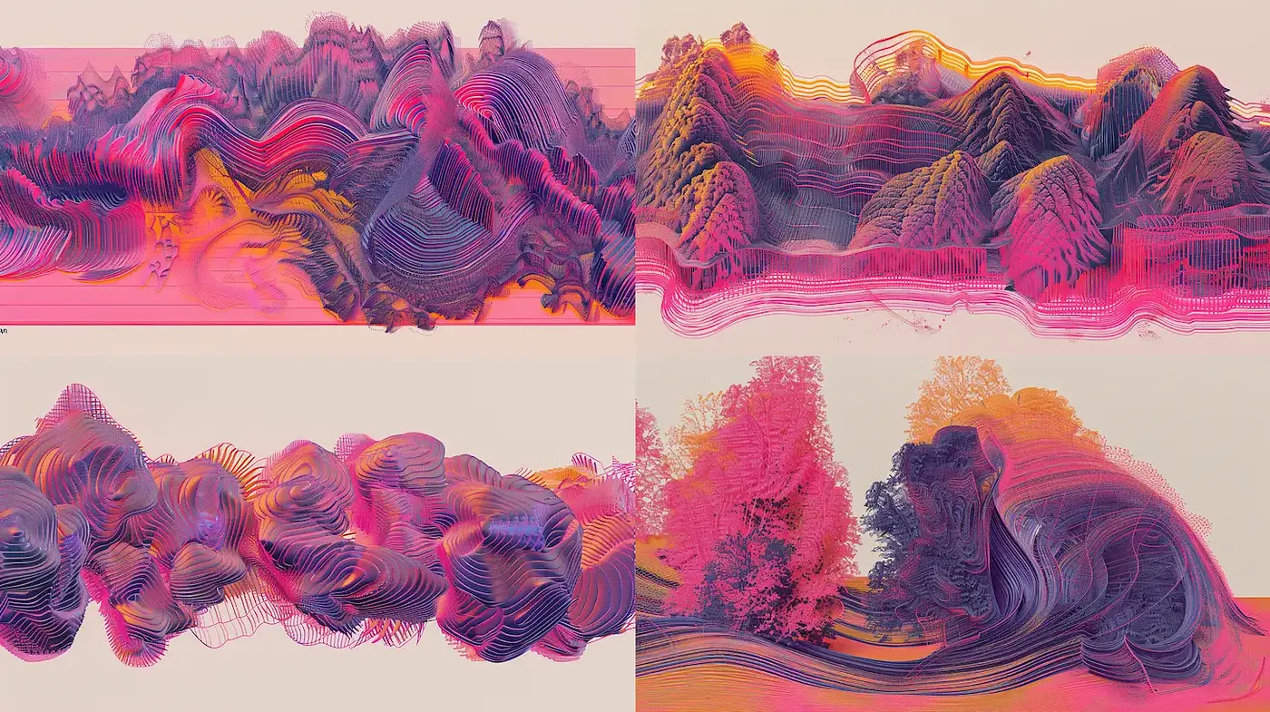 Surreal and Abstract Landscape Compositions with Emphasis on Linearity and Color Harmony - Midjourney sref style