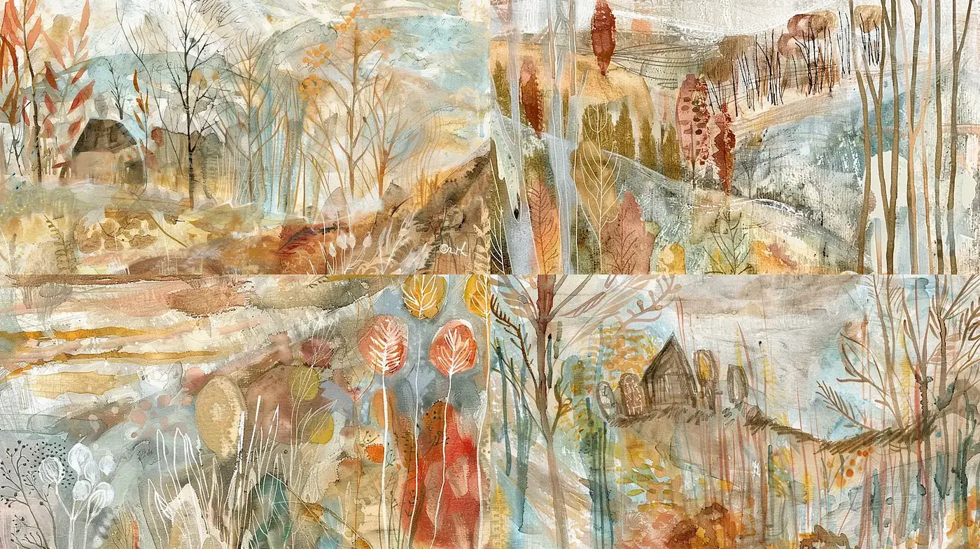 Whimsical Landscape Watercolor Aesthetic with Rustic Charm - Midjourney sref style