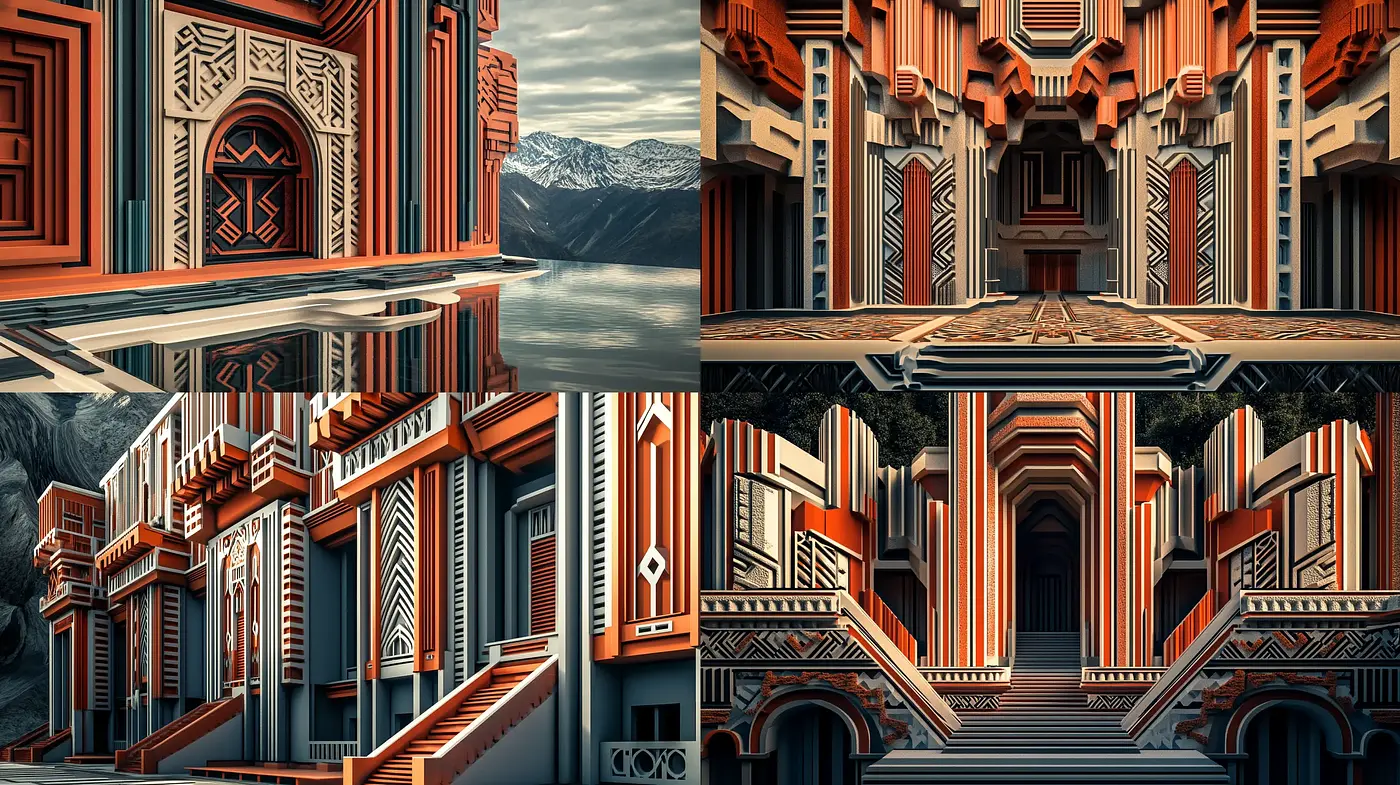 Symmetrical Architectural Fantasia in Warm Tones - Midjourney sref style