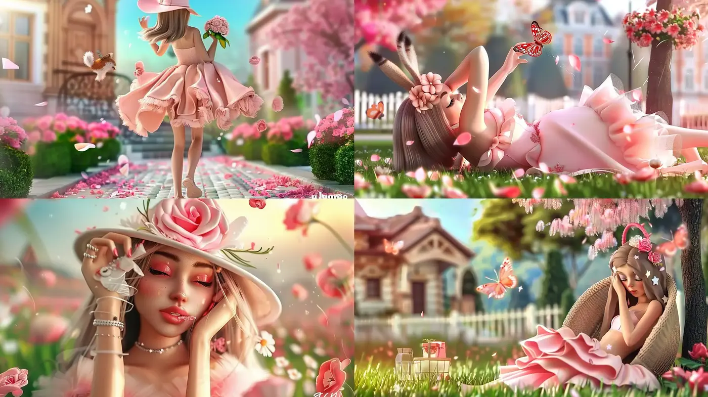 Blossoming Elegance in Rosy Hues: A Whimsical Romantic Digital Art Style - Midjourney sref style