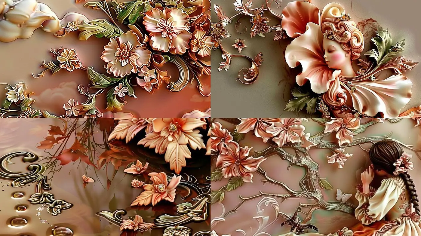 Whispers of Elegance: A Nostalgic Blend of Earthy Tones and Floral Motifs in a Surreal Dreamscape - Midjourney sref style