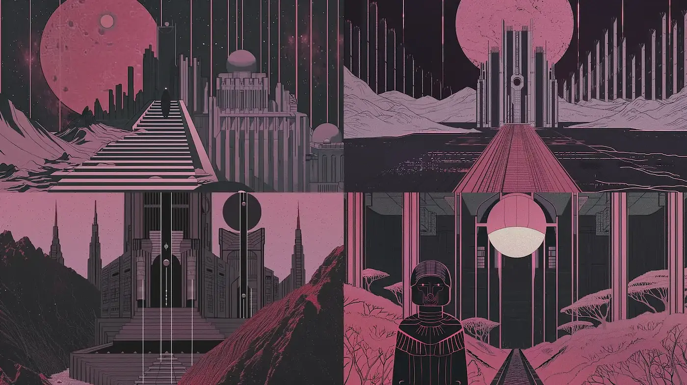 Futuristic Geometric Landscapes with a Retro-Futurism Twist - Midjourney sref style