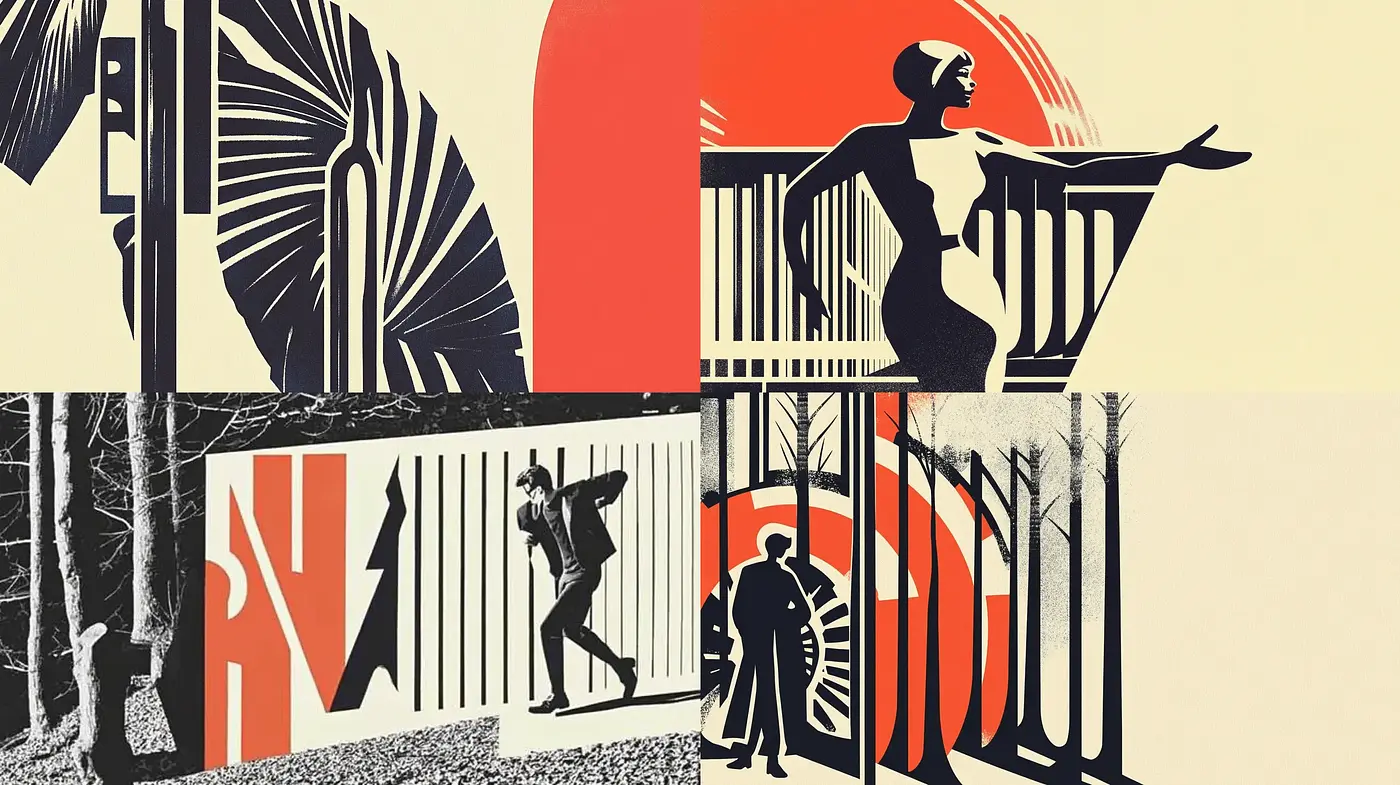 Sunset Sienna Serigraphs: A Retro Fusion of Abstract Forms and Human Silhouettes - Midjourney sref style