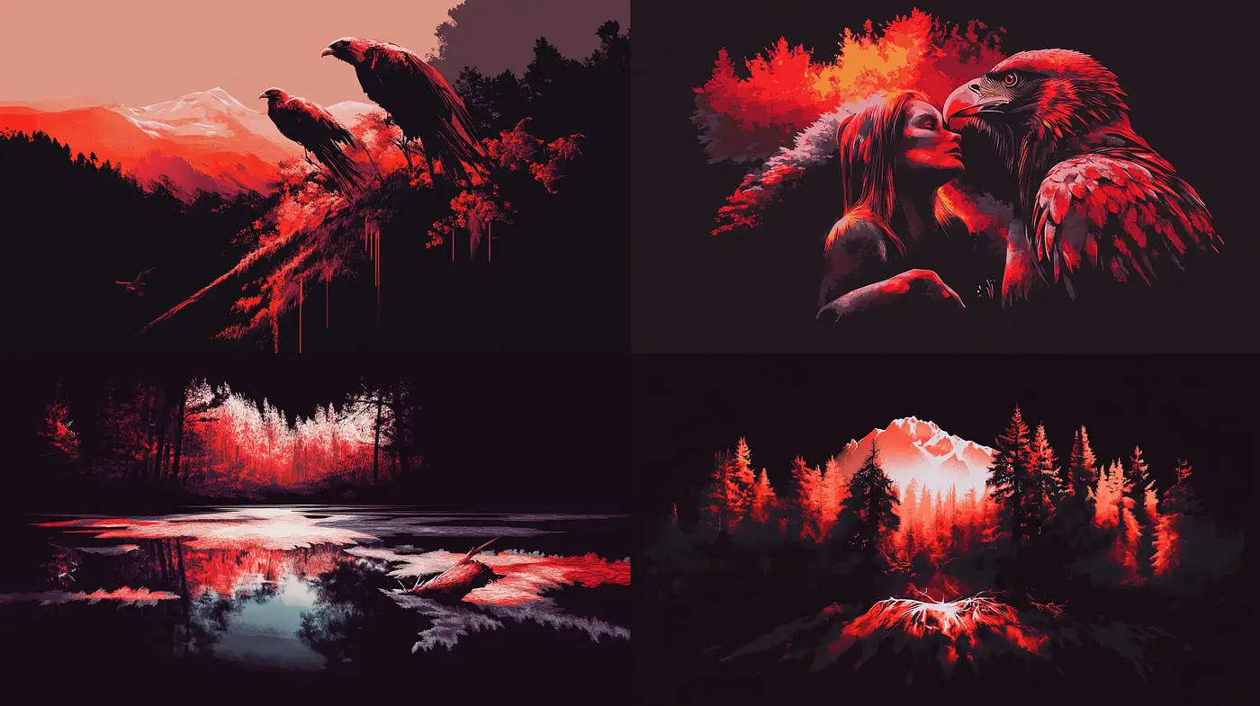 Crimson Dusk: A Convergence of Nature and Dream-Like Ethereality - Midjourney sref style
