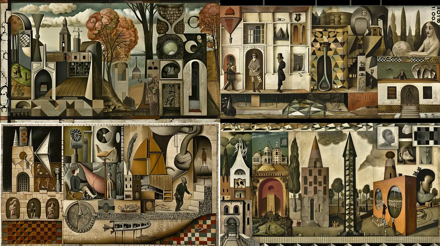 Surrealist Dreamscape in Sepia: A Fusion of Architecture and the Absurd - Midjourney sref style