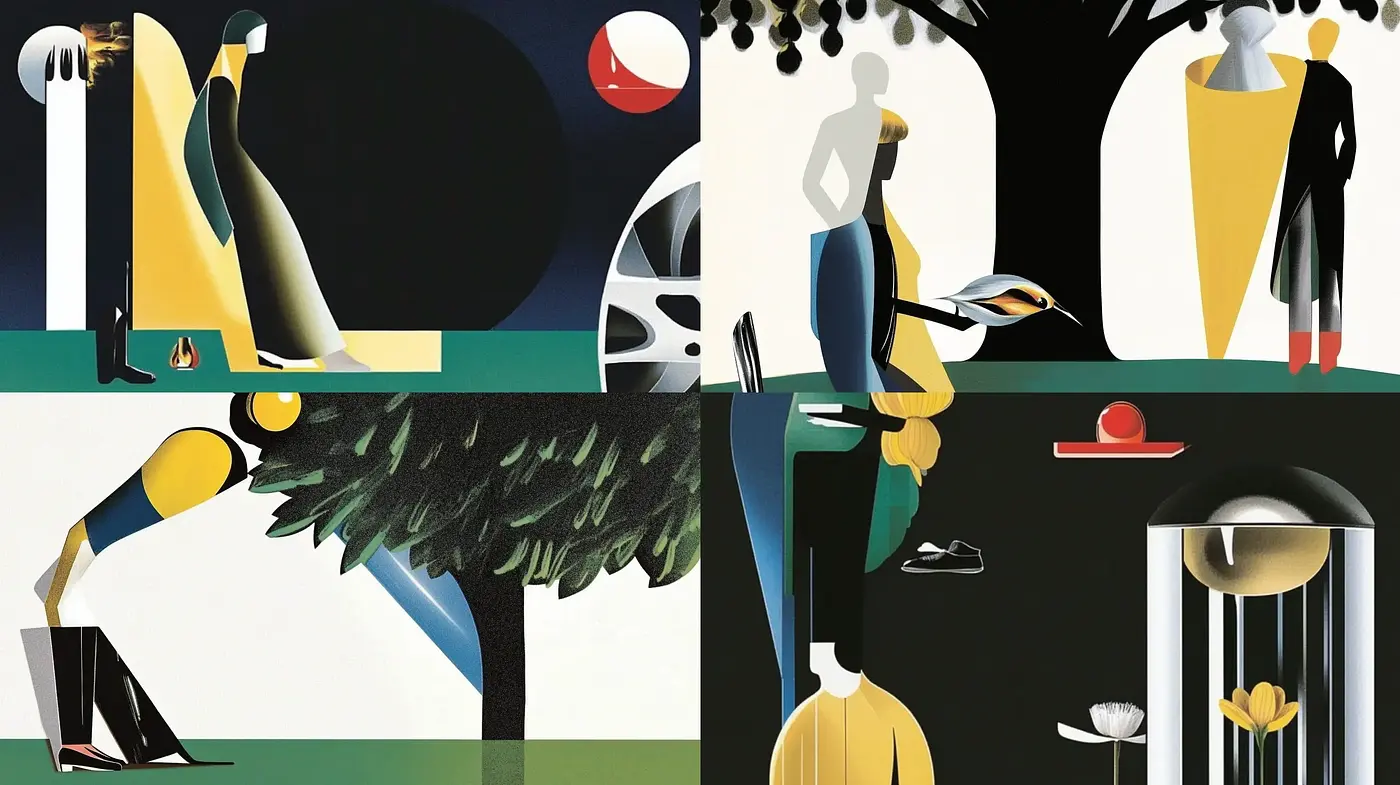 Modernist Nostalgia in Stylized Geometric Landscapes and Figures - Midjourney sref style