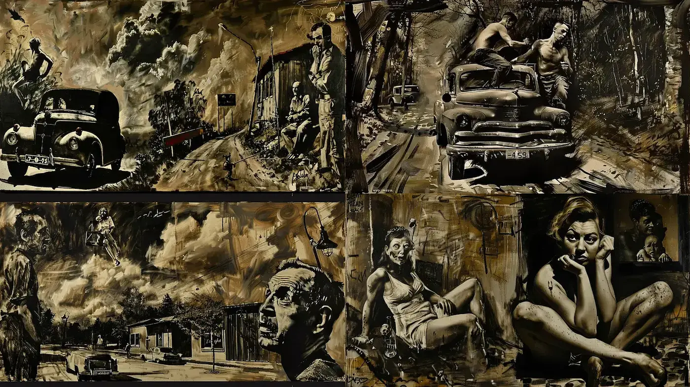 Dramatic vintage noir with a cinematic touch - Midjourney sref style