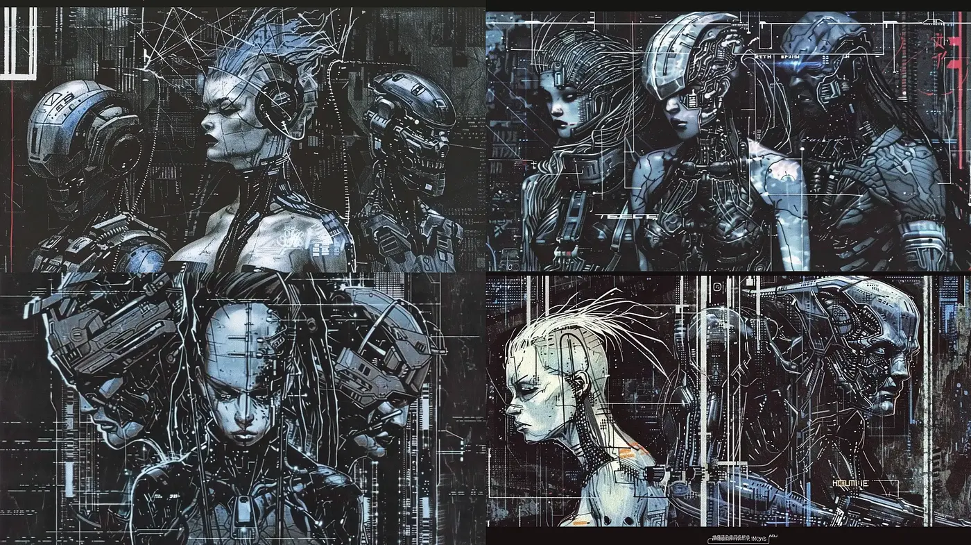 Futuristic Cybernetic Elegance in Monochromatic Hues - Midjourney sref style