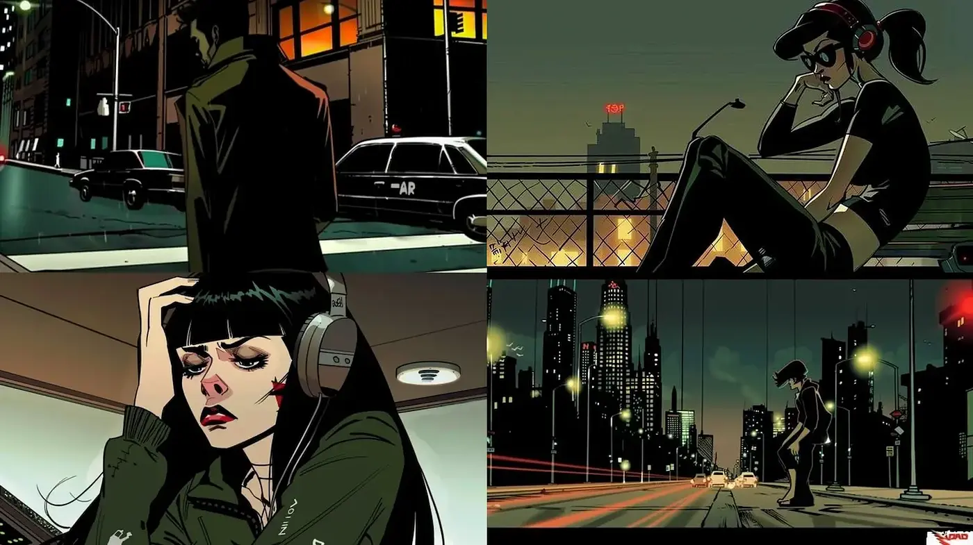 Dynamic Urban Narrative with Graphic Novel Aesthetics - Midjourney sref style