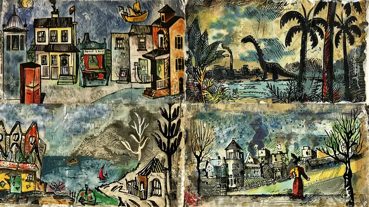 Whimsical Narrative Vignettes in a Textured Mixed-Media Style - Midjourney sref style