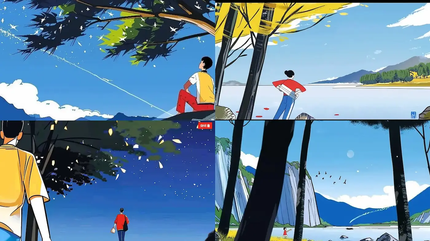 Vibrant and Serene Landscape Illustrations with Nostalgic Elements - Midjourney sref style