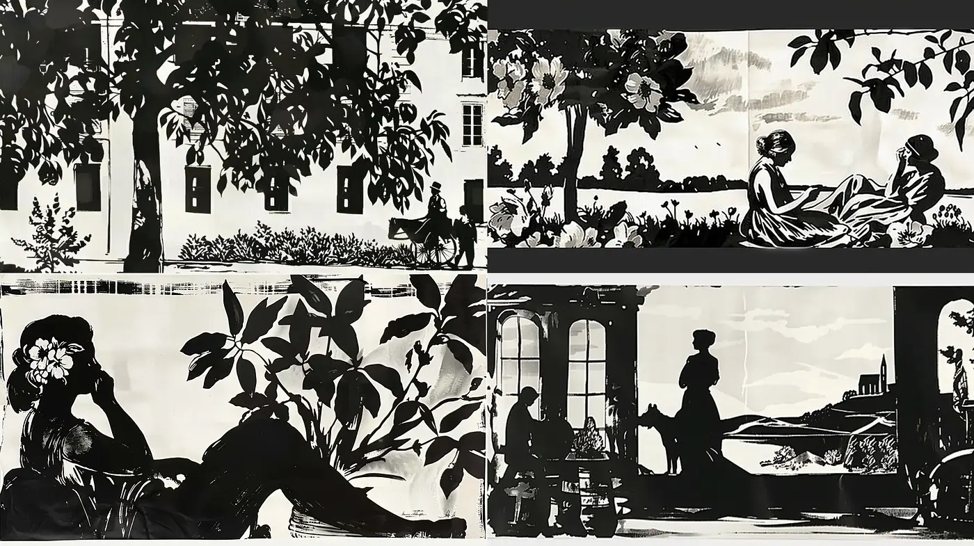 Monochromatic Silhouette Vignettes with a Pastoral Elegance - Midjourney sref style