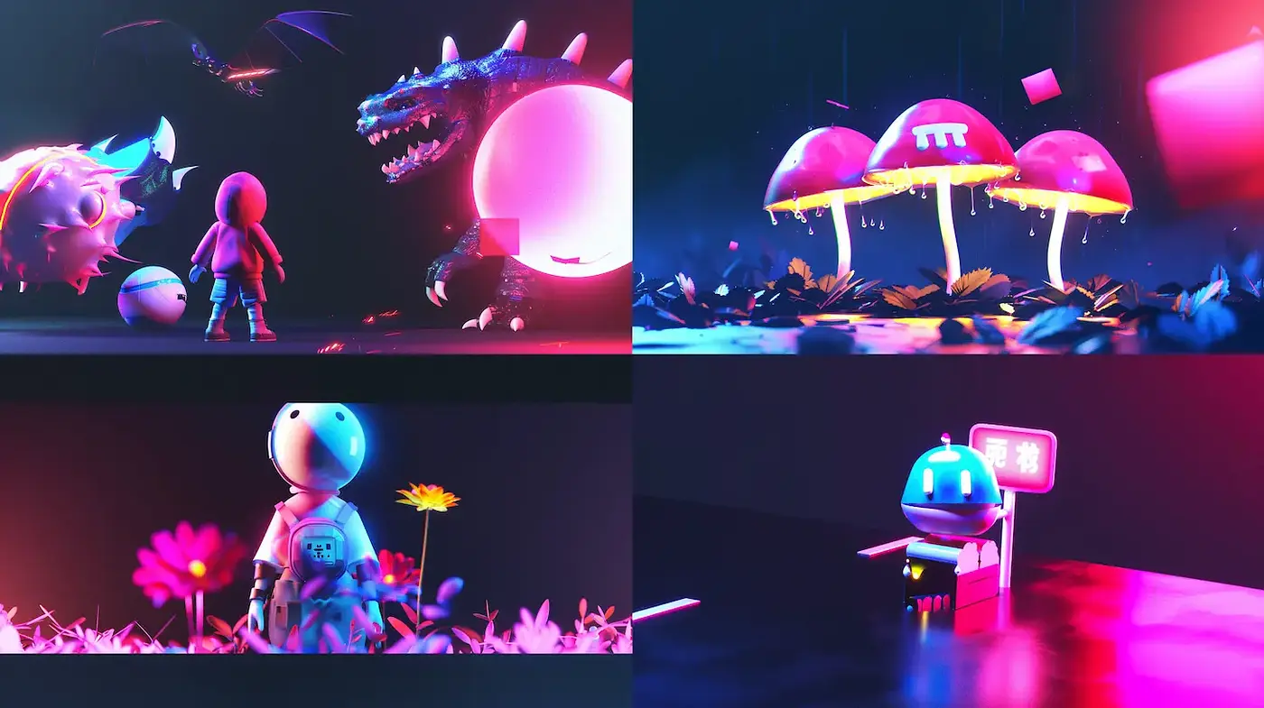 Vibrant surreal world with whimsical characters and glowing elements - Midjourney sref style