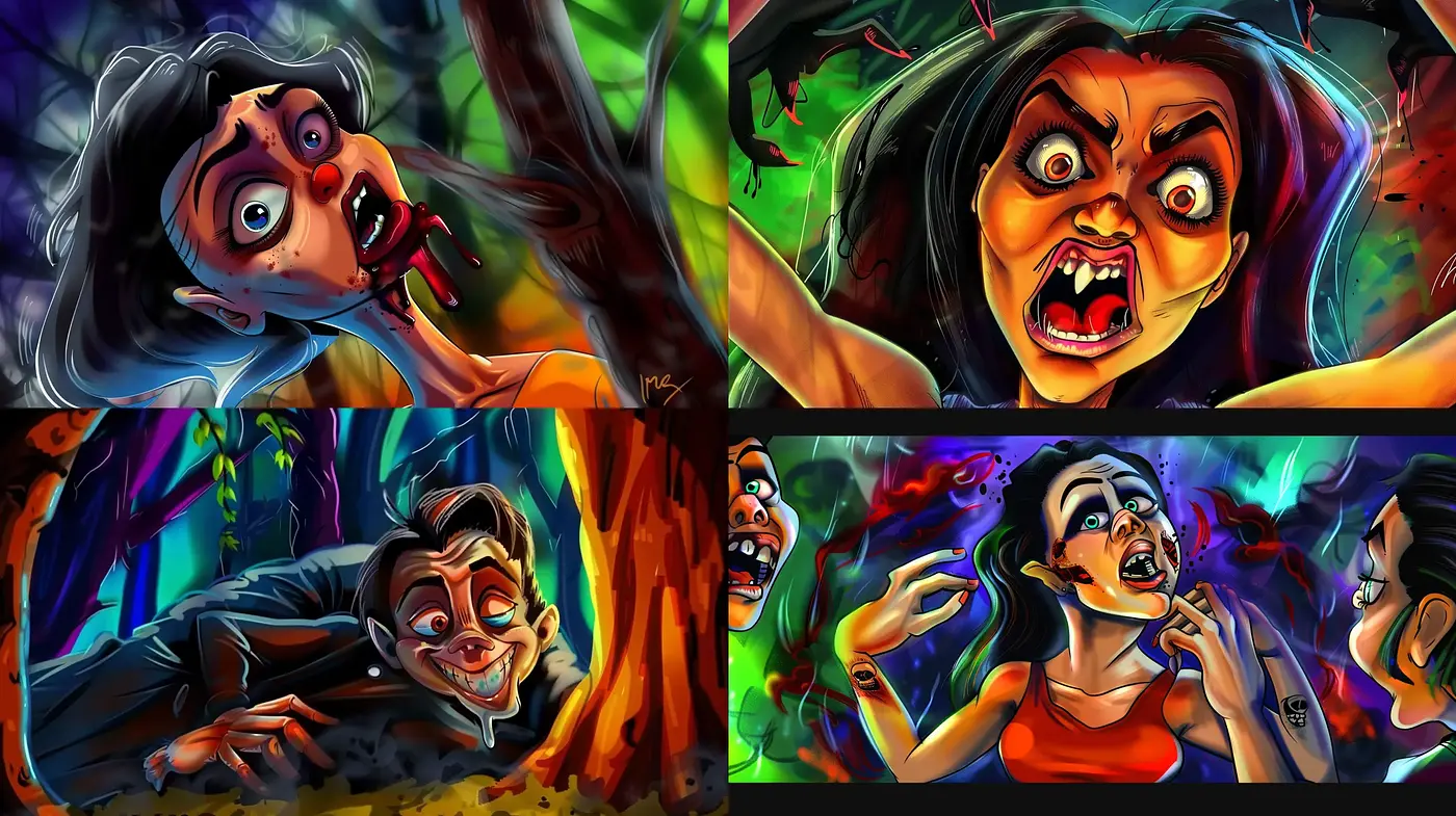 Vibrant Horror Caricatures with an Expressionistic Undertone - Midjourney sref style