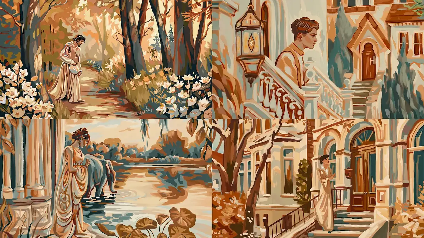 Serene and Romantic Impressionistic Vignettes in Earthy Tones - Midjourney sref style