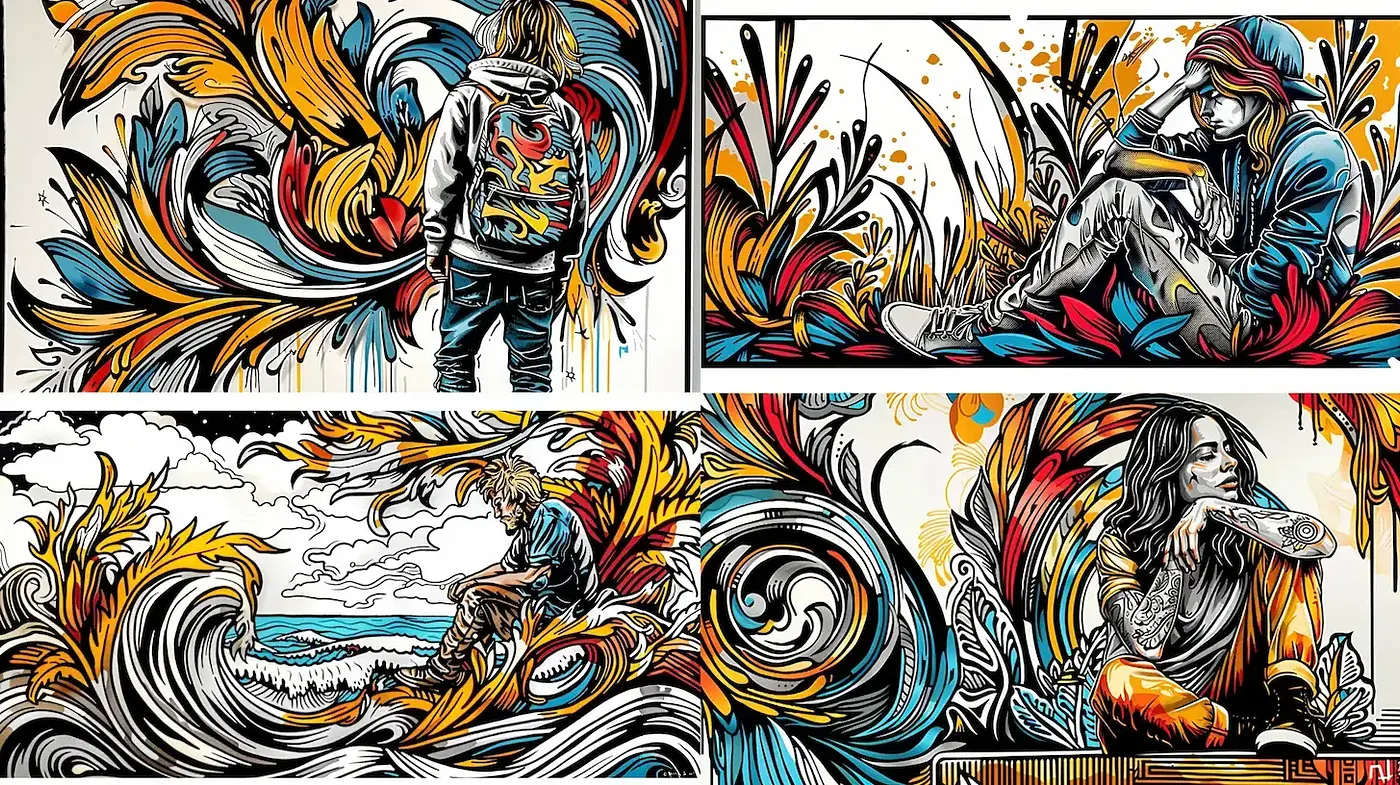 Vibrant Illustrative Style with Organic Flow and Urban Influences - Midjourney sref style