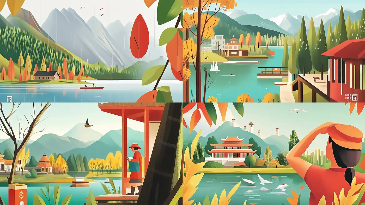 Serene Panoramas: Stylized Nature in Harmonious Tones - Midjourney sref style